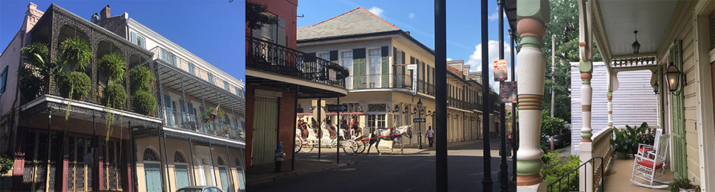 Decatur Street in the French Quarter of New Orleans and Maison Perrier porch in the Garden District.